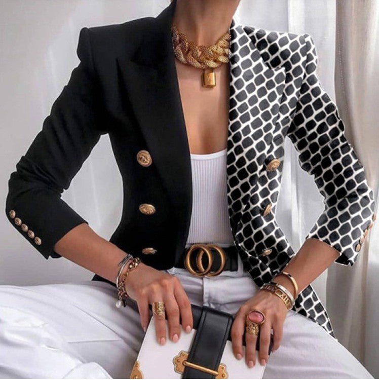 Women's jacket season printed small suit slim fit fashion short double - breasted tops for women - Negative Apparel