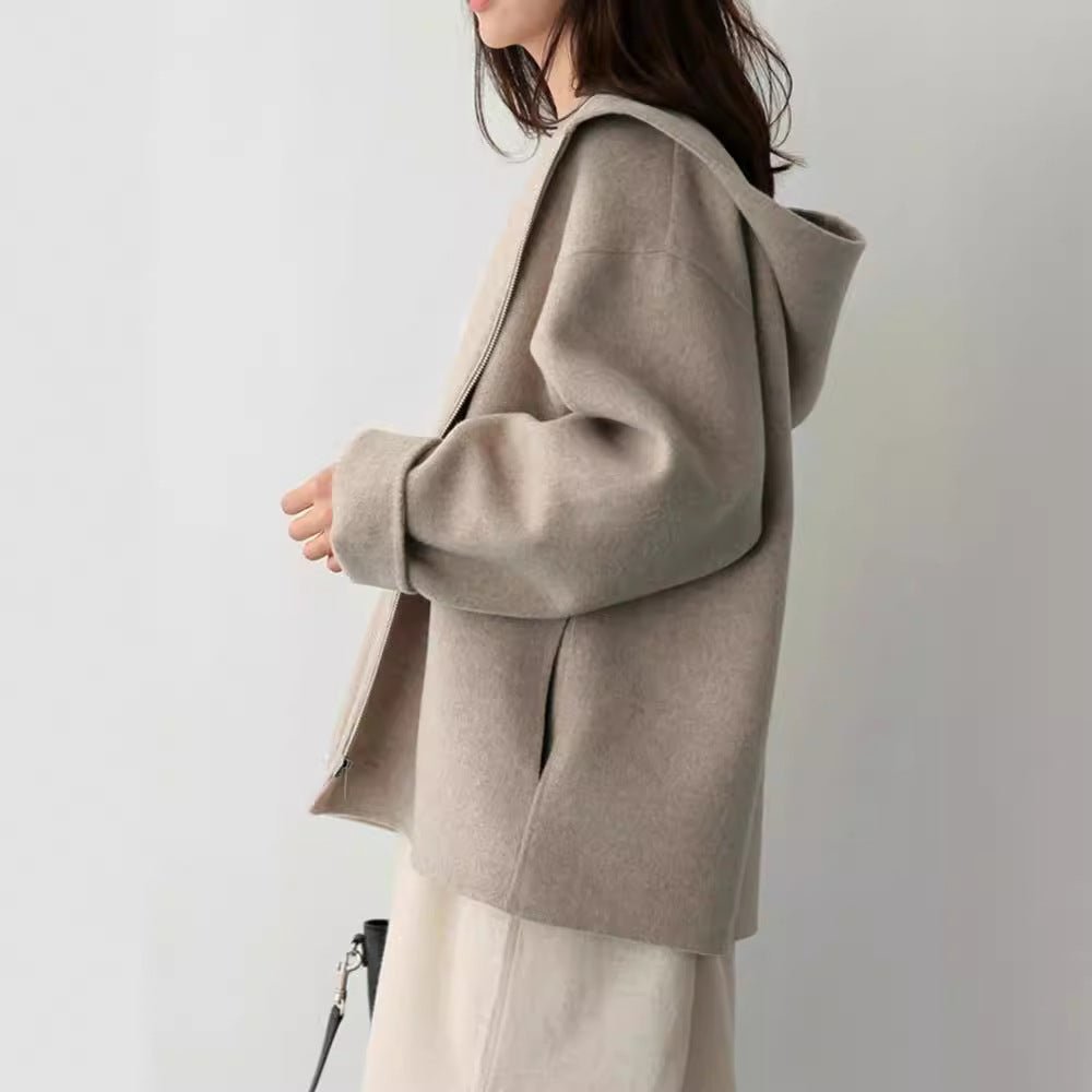Women's Japanese-Style Hooded Wool Jacket – Loose Fit Zipper Coat