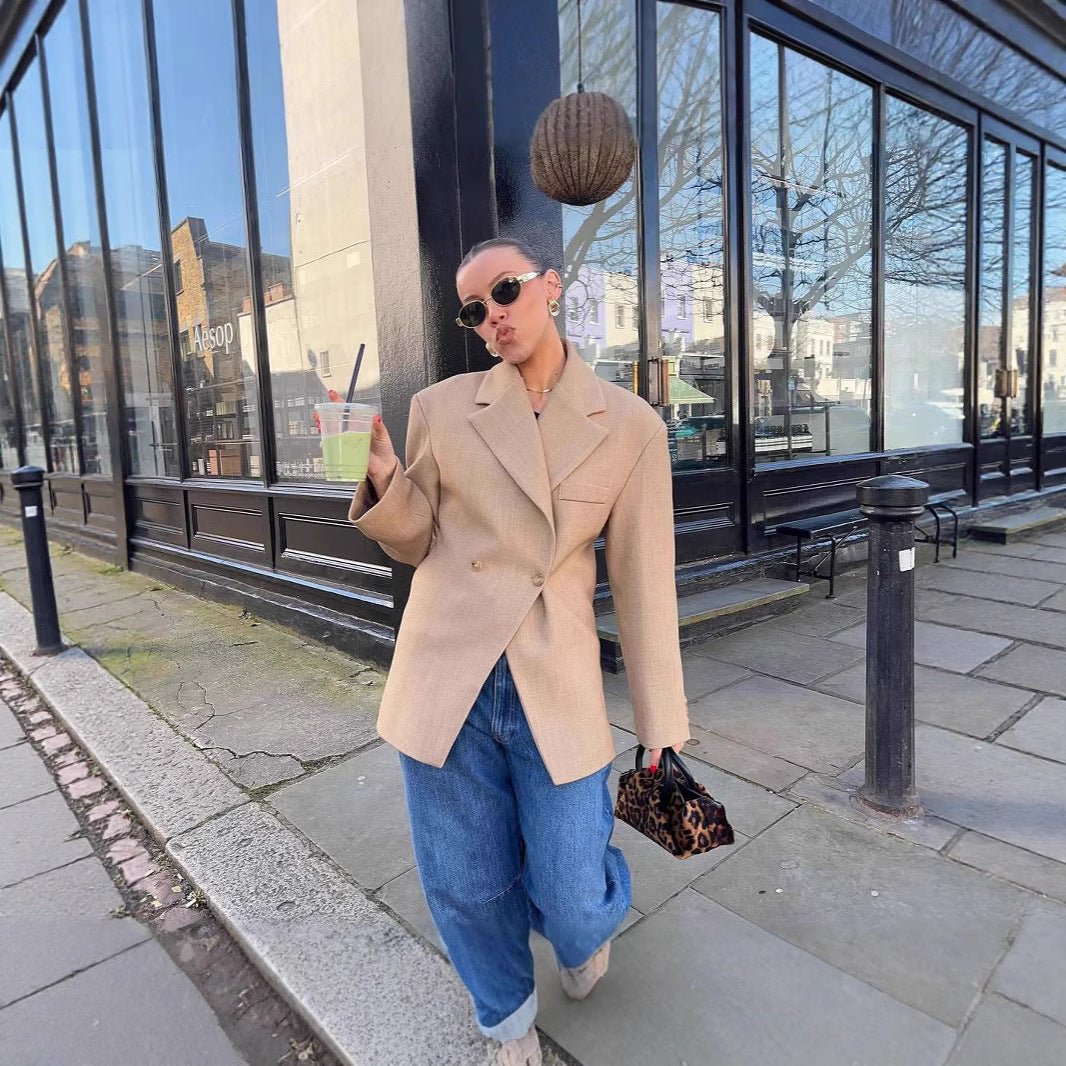 Women’s Khaki Double - Breasted Blazer | Elegant Waist - Length Polyester Suit Jacket - Negative Apparel