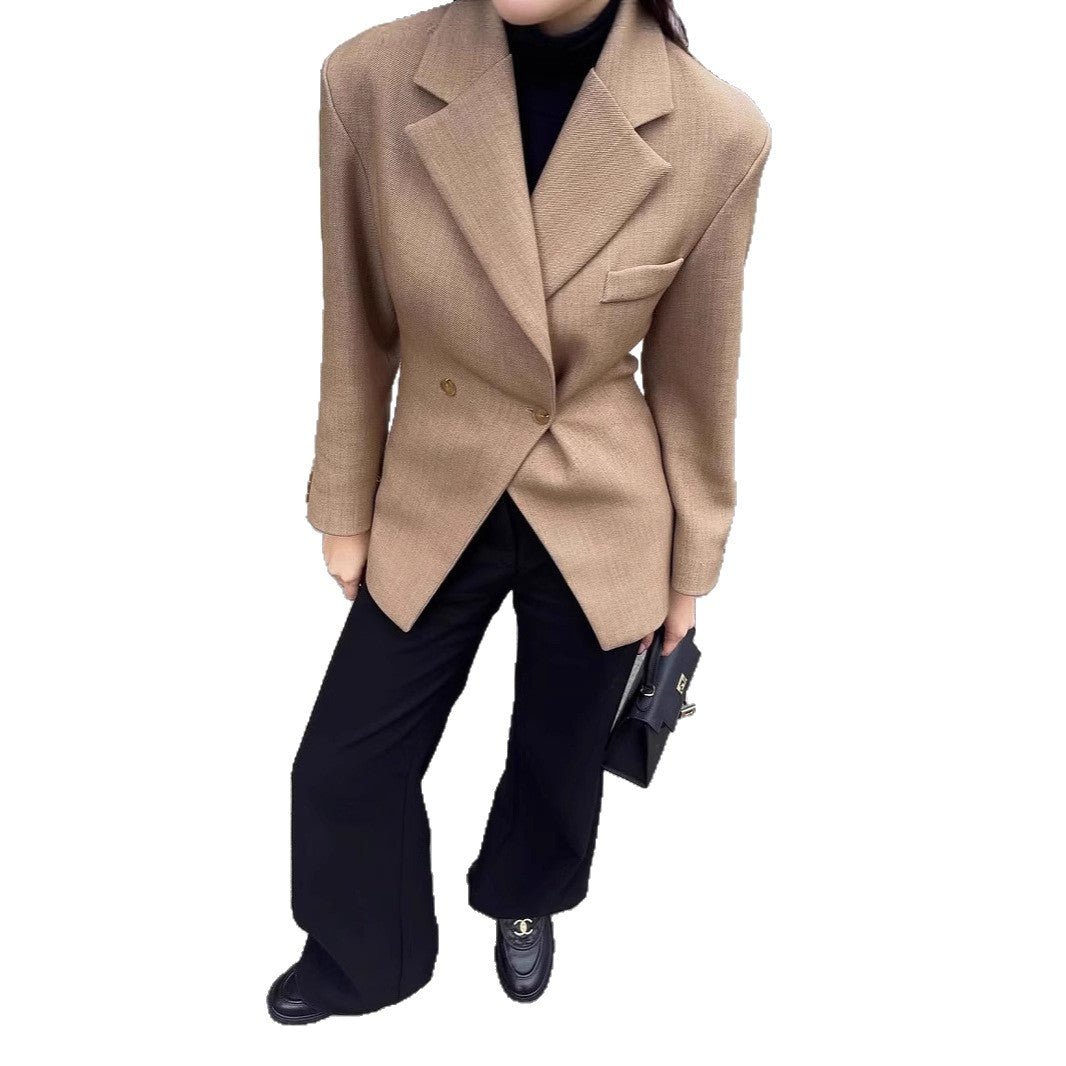 Women’s Khaki Double - Breasted Blazer | Elegant Waist - Length Polyester Suit Jacket - Negative Apparel