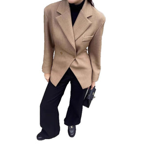 Women’s Khaki Double - Breasted Blazer | Elegant Waist - Length Polyester Suit Jacket - Negative Apparel
