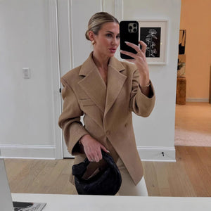 Women’s Khaki Double - Breasted Blazer | Elegant Waist - Length Polyester Suit Jacket - Negative Apparel