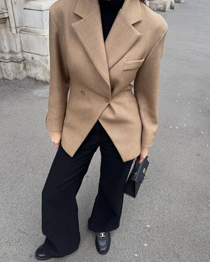 Women’s Khaki Double - Breasted Blazer | Elegant Waist - Length Polyester Suit Jacket - Negative Apparel