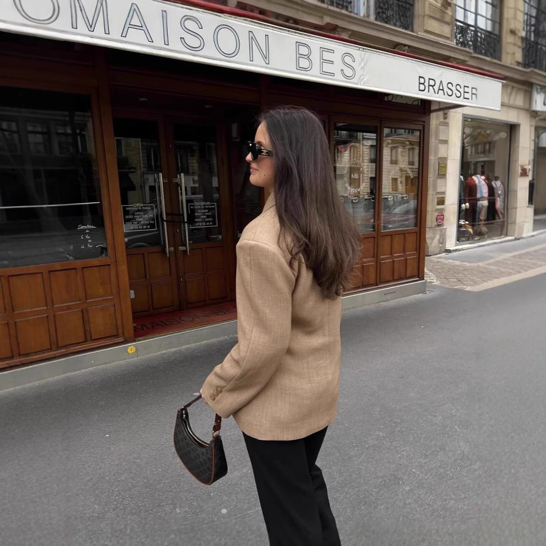 Women’s Khaki Double - Breasted Blazer | Elegant Waist - Length Polyester Suit Jacket - Negative Apparel