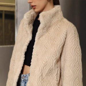 Women’s Khaki Faux Fur Jacket – Semi - Turtleneck Korean Casual Coat - Negative Apparel