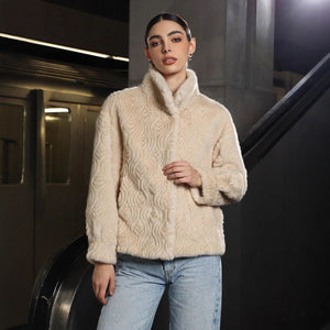 Women’s Khaki Faux Fur Jacket – Semi - Turtleneck Korean Casual Coat - Negative Apparel