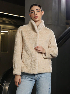 Women’s Khaki Faux Fur Jacket – Semi - Turtleneck Korean Casual Coat - Negative Apparel
