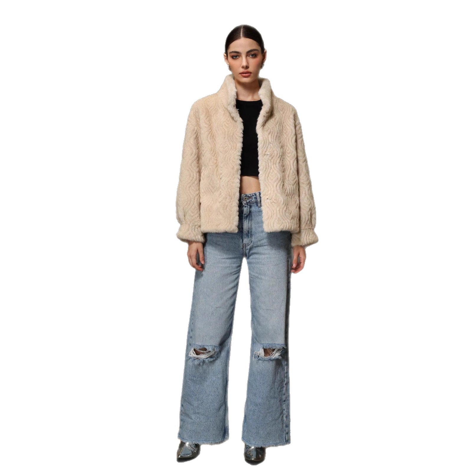 Women’s Khaki Faux Fur Jacket – Semi - Turtleneck Korean Casual Coat - Negative Apparel