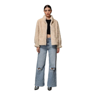 Women’s Khaki Faux Fur Jacket – Semi - Turtleneck Korean Casual Coat - Negative Apparel