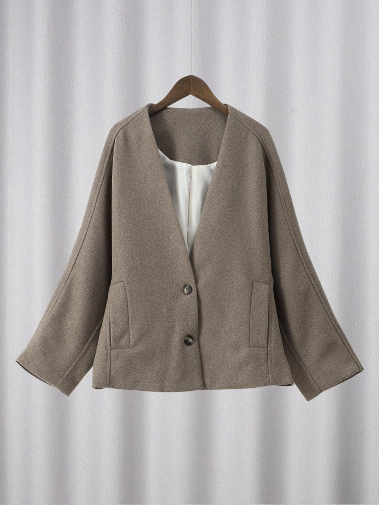 Women's Khaki V - Neck Jacket with Removable Scarf Collar โ Japanese & Korean Casual Loose - Fit Polyester Jacket - Negative Apparel