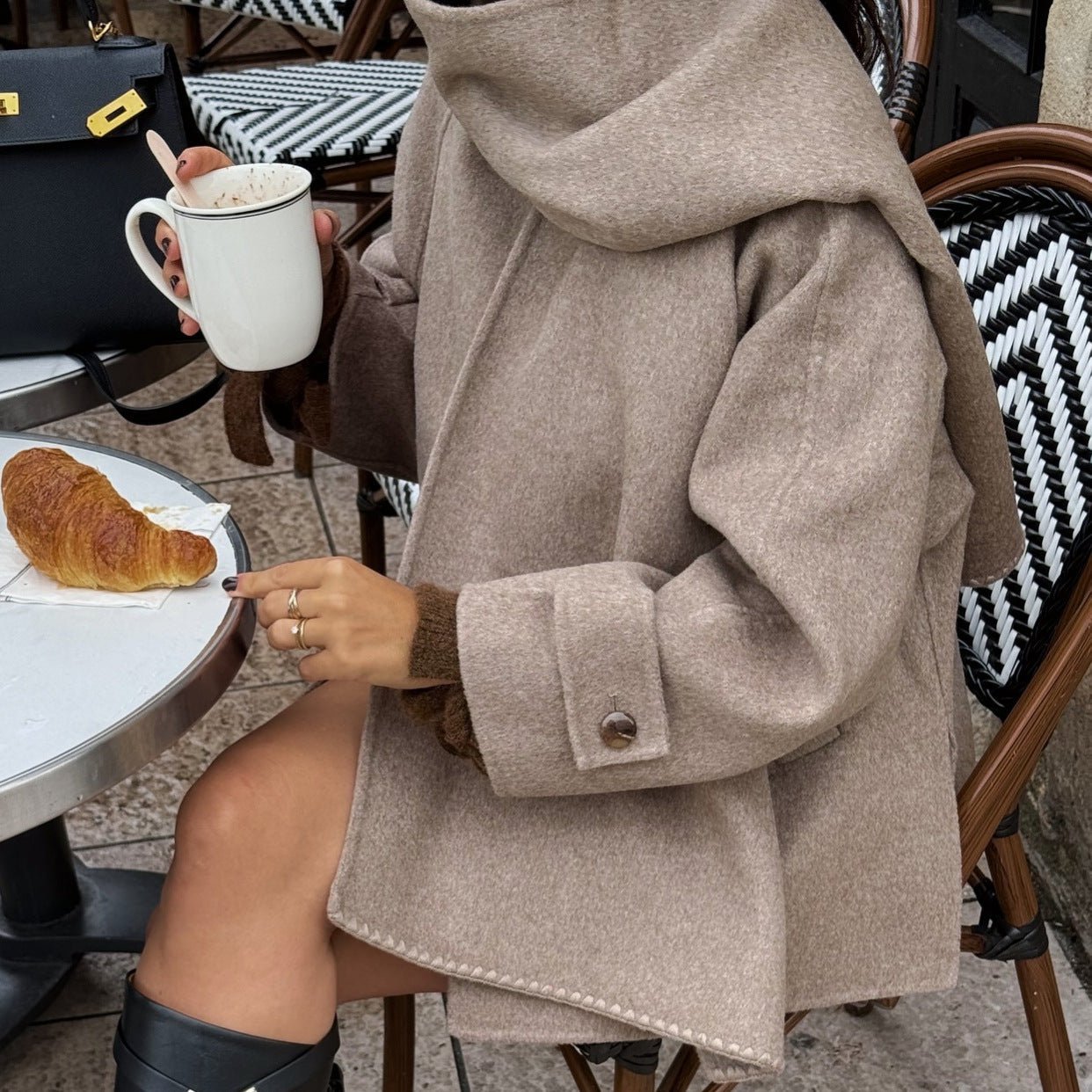 Women's Khaki V - Neck Jacket with Removable Scarf Collar โ Japanese & Korean Casual Loose - Fit Polyester Jacket - Negative Apparel