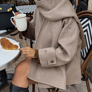 Women's Khaki V - Neck Jacket with Removable Scarf Collar โ Japanese & Korean Casual Loose - Fit Polyester Jacket - Negative Apparel