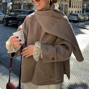 Women's Khaki V - Neck Jacket with Removable Scarf Collar โ Japanese & Korean Casual Loose - Fit Polyester Jacket - Negative Apparel