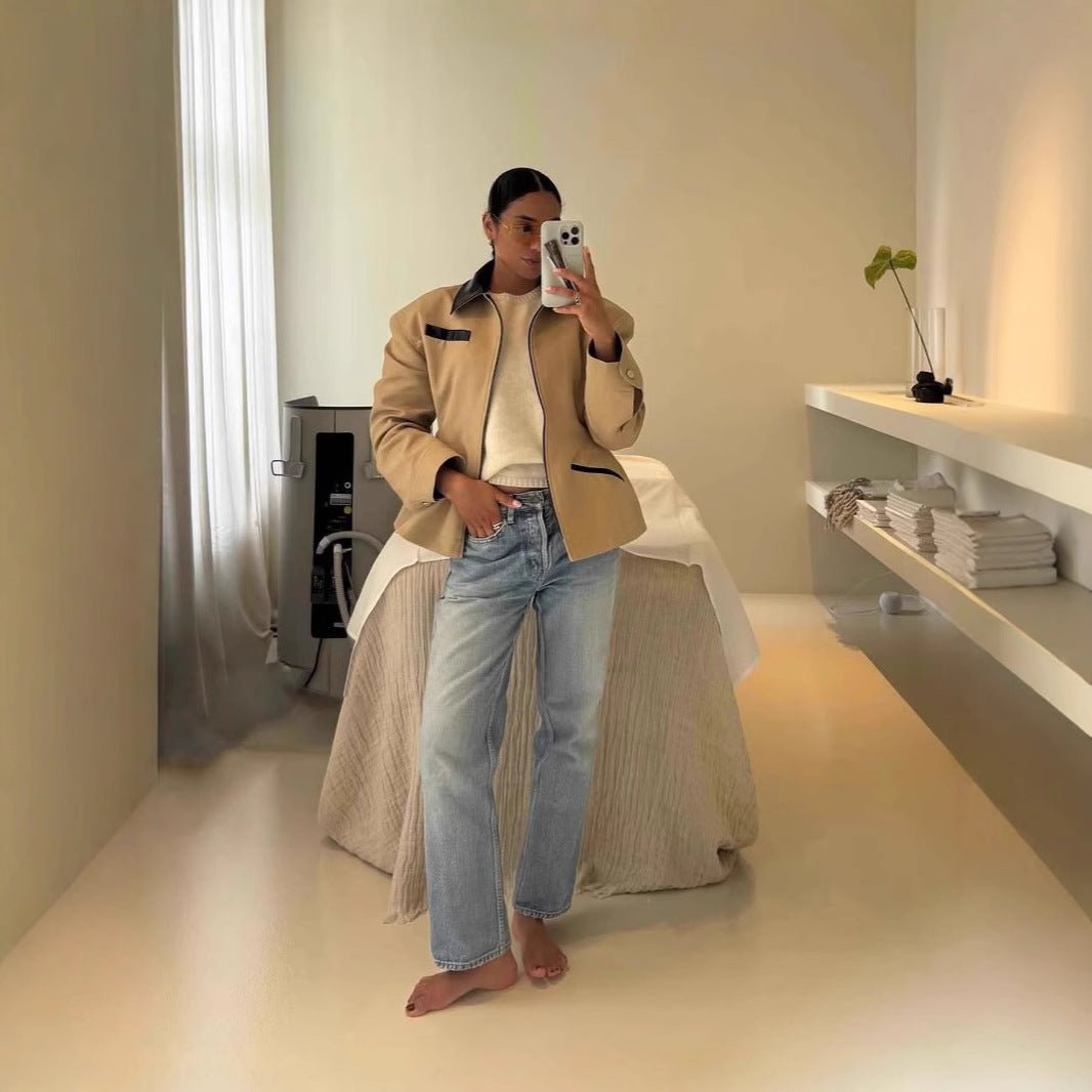 Women’s Khaki Zipper Jacket | Street - Style Lapel Waist - Length Polyester Outerwear - Negative Apparel