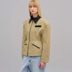 Women’s Khaki Zipper Jacket | Street - Style Lapel Waist - Length Polyester Outerwear - Negative Apparel