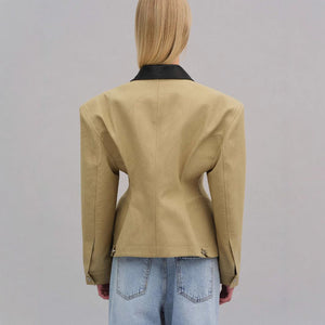 Women’s Khaki Zipper Jacket | Street - Style Lapel Waist - Length Polyester Outerwear - Negative Apparel