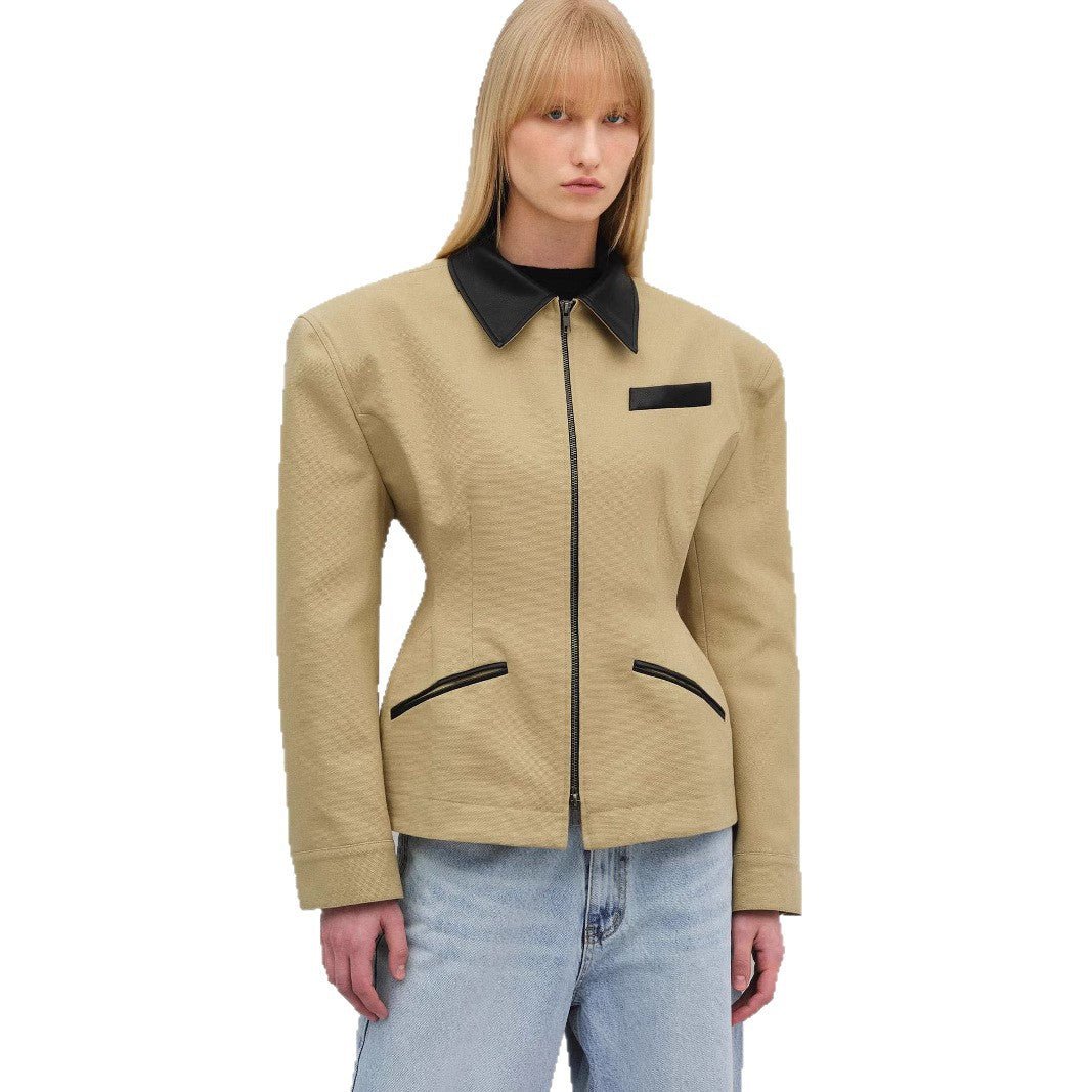 Women’s Khaki Zipper Jacket | Street - Style Lapel Waist - Length Polyester Outerwear - Negative Apparel