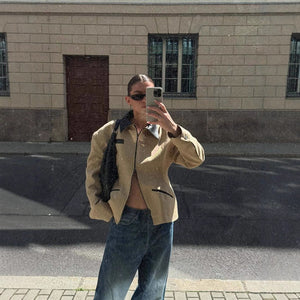 Women’s Khaki Zipper Jacket | Street - Style Lapel Waist - Length Polyester Outerwear - Negative Apparel