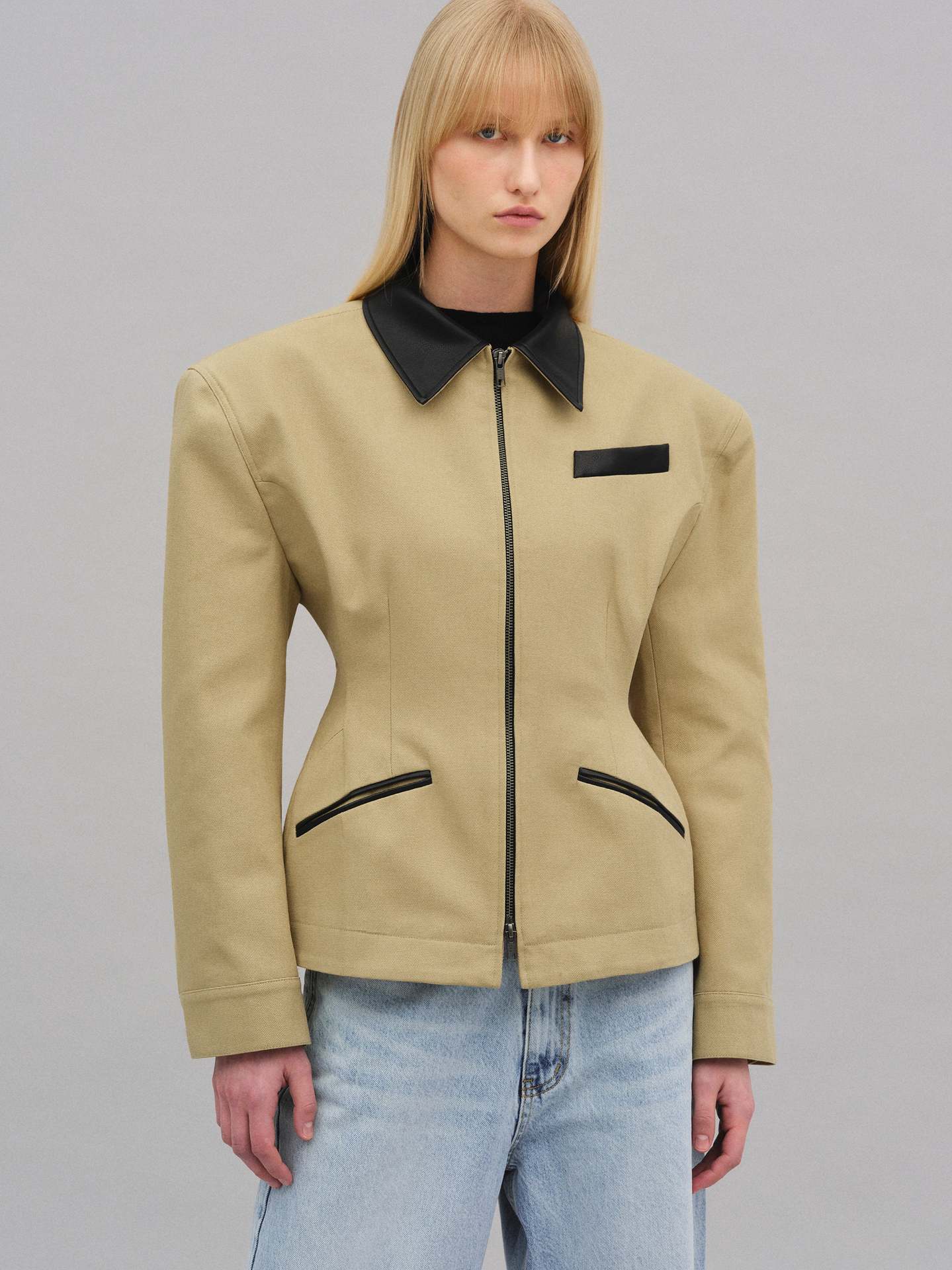 Women’s Khaki Zipper Jacket | Street - Style Lapel Waist - Length Polyester Outerwear - Negative Apparel