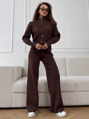 Women’s Knit Zipper Two - Piece Set | Solid Color Long Sleeve Top & Pants | Autumn 2025 - Negative Apparel