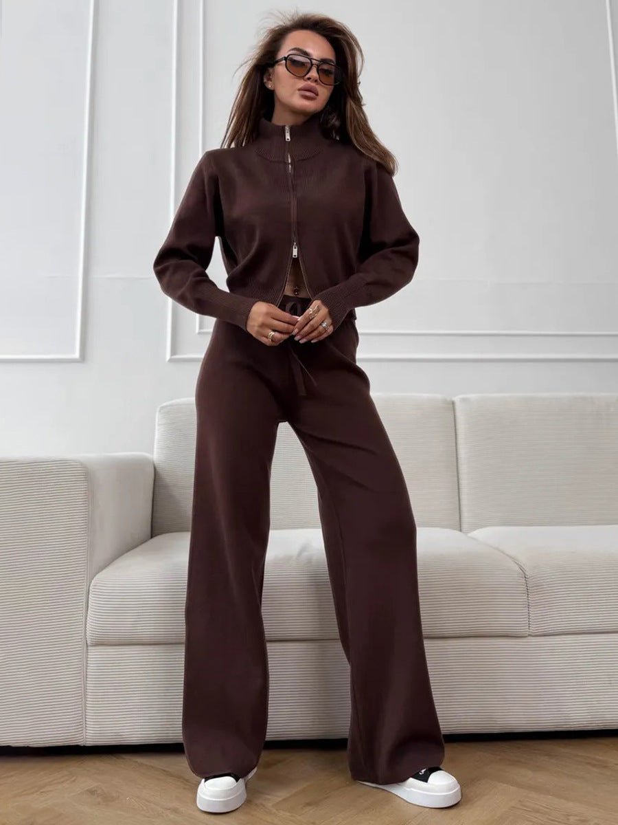 Women’s Knit Zipper Two - Piece Set | Solid Color Long Sleeve Top & Pants | Autumn 2025 - Negative Apparel