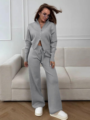 Women’s Knit Zipper Two - Piece Set | Solid Color Long Sleeve Top & Pants | Autumn 2025 - Negative Apparel