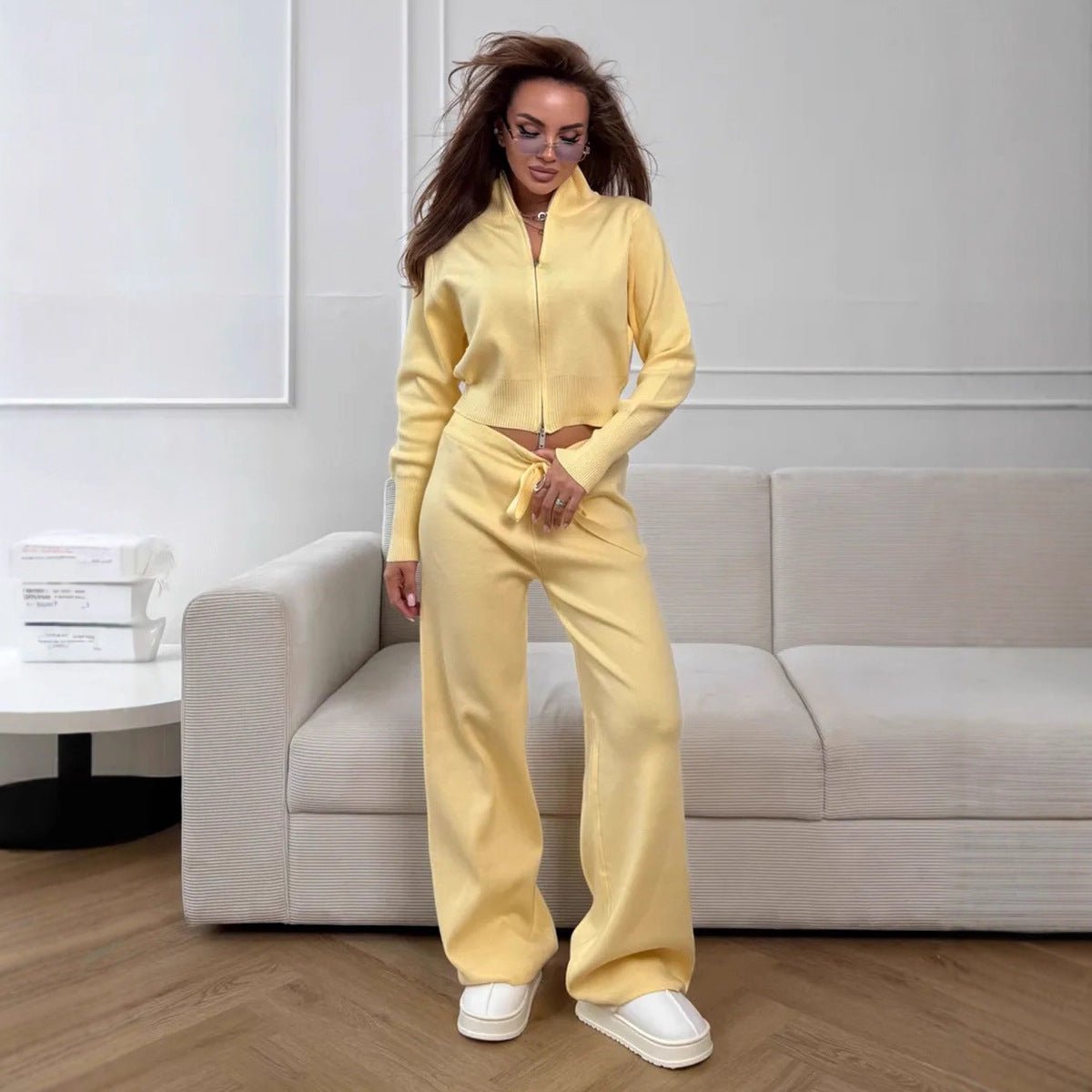 Women’s Knit Zipper Two - Piece Set | Solid Color Long Sleeve Top & Pants | Autumn 2025 - Negative Apparel