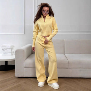 Women’s Knit Zipper Two - Piece Set | Solid Color Long Sleeve Top & Pants | Autumn 2025 - Negative Apparel