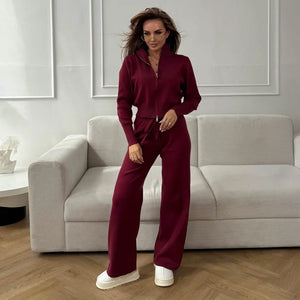 Women’s Knit Zipper Two - Piece Set | Solid Color Long Sleeve Top & Pants | Autumn 2025 - Negative Apparel