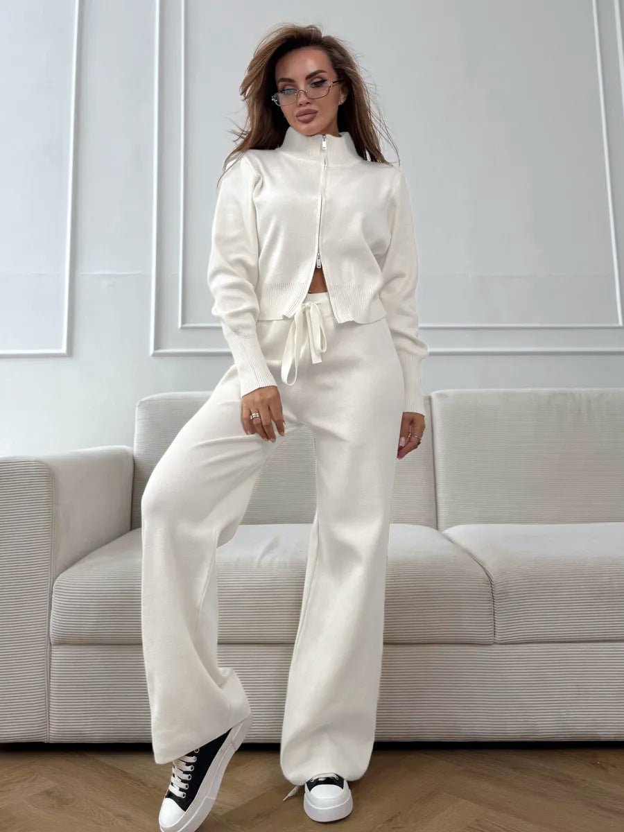Women’s Knit Zipper Two - Piece Set | Solid Color Long Sleeve Top & Pants | Autumn 2025 - Negative Apparel