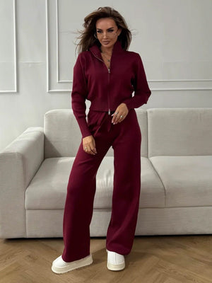 Women’s Knit Zipper Two - Piece Set | Solid Color Long Sleeve Top & Pants | Autumn 2025 - Negative Apparel
