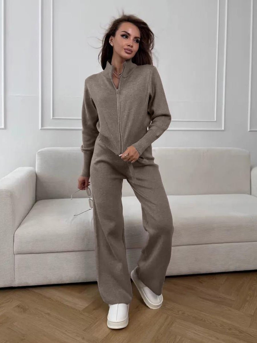 Women’s Knit Zipper Two - Piece Set | Solid Color Long Sleeve Top & Pants | Autumn 2025 - Negative Apparel