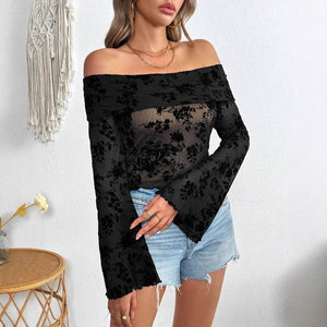 Women's Knitted Mesh Flocking Flower Printing Off - Shoulder Flared Sleeve Slim T-Shirt Top - Negative Apparel
