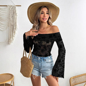 Women's Knitted Mesh Flocking Flower Printing Off - Shoulder Flared Sleeve Slim T-Shirt Top - Negative Apparel