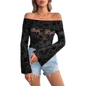 Women's Knitted Mesh Flocking Flower Printing Off - Shoulder Flared Sleeve Slim T-Shirt Top - Negative Apparel