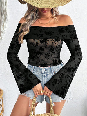 Women's Knitted Mesh Flocking Flower Printing Off - Shoulder Flared Sleeve Slim T-Shirt Top - Negative Apparel