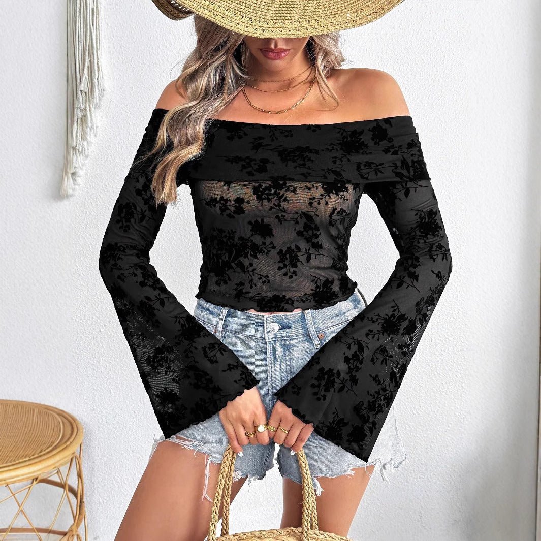 Women's Knitted Mesh Flocking Flower Printing Off - Shoulder Flared Sleeve Slim T-Shirt Top - Negative Apparel