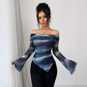 Women's knitted mesh printing one - word collar off - shoulder long - sleeved slim - fitting T-shirt top - Negative Apparel