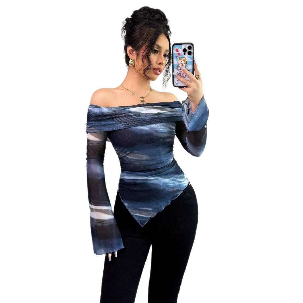 Women's knitted mesh printing one - word collar off - shoulder long - sleeved slim - fitting T-shirt top - Negative Apparel