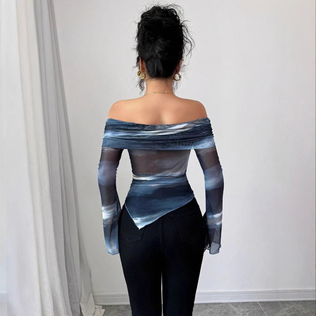 Women's knitted mesh printing one - word collar off - shoulder long - sleeved slim - fitting T-shirt top - Negative Apparel