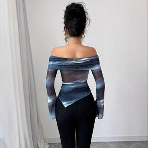 Women's knitted mesh printing one - word collar off - shoulder long - sleeved slim - fitting T-shirt top - Negative Apparel