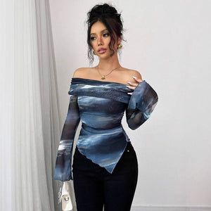 Women's knitted mesh printing one - word collar off - shoulder long - sleeved slim - fitting T-shirt top - Negative Apparel