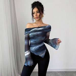Women's knitted mesh printing one - word collar off - shoulder long - sleeved slim - fitting T-shirt top - Negative Apparel