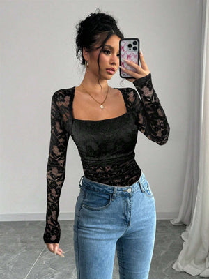Women's lace floral square neck pleated design long - sleeved T-shirt - Negative Apparel