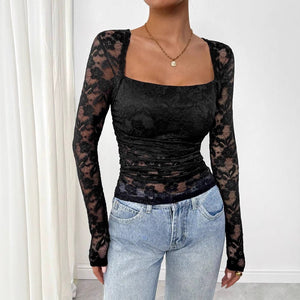 Women's lace floral square neck pleated design long - sleeved T-shirt - Negative Apparel