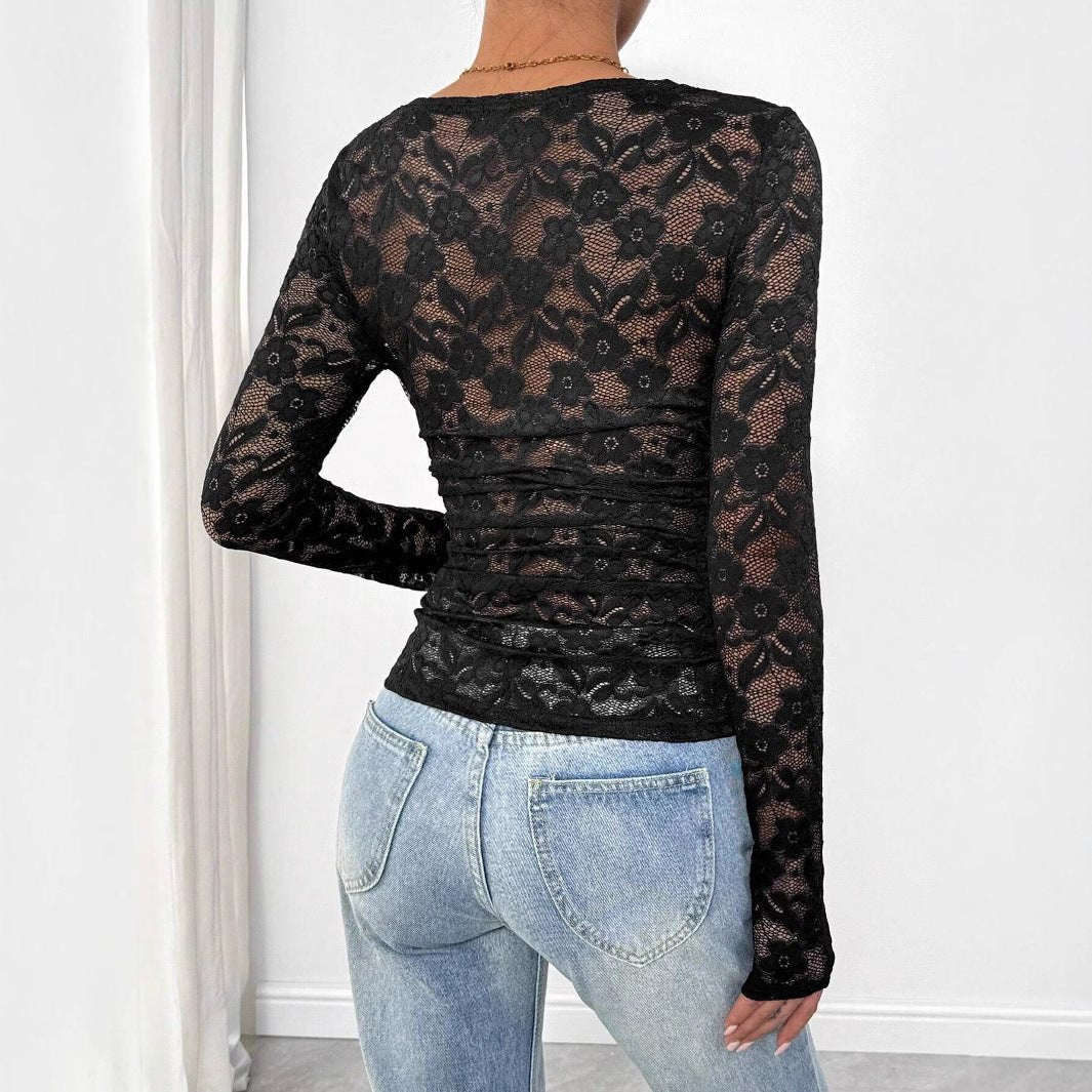 Women's lace floral square neck pleated design long - sleeved T-shirt - Negative Apparel