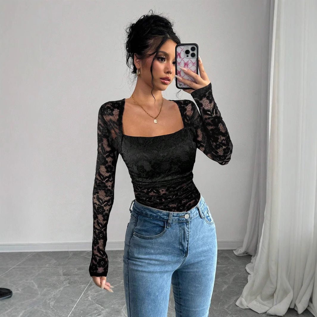 Women's lace floral square neck pleated design long - sleeved T-shirt - Negative Apparel