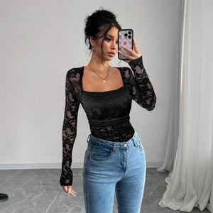 Women's lace floral square neck pleated design long - sleeved T-shirt - Negative Apparel