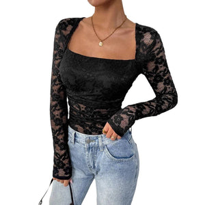 Women's lace floral square neck pleated design long - sleeved T-shirt - Negative Apparel