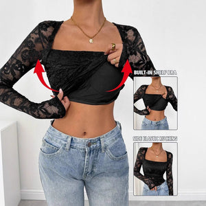 Women's lace floral square neck pleated design long - sleeved T-shirt - Negative Apparel